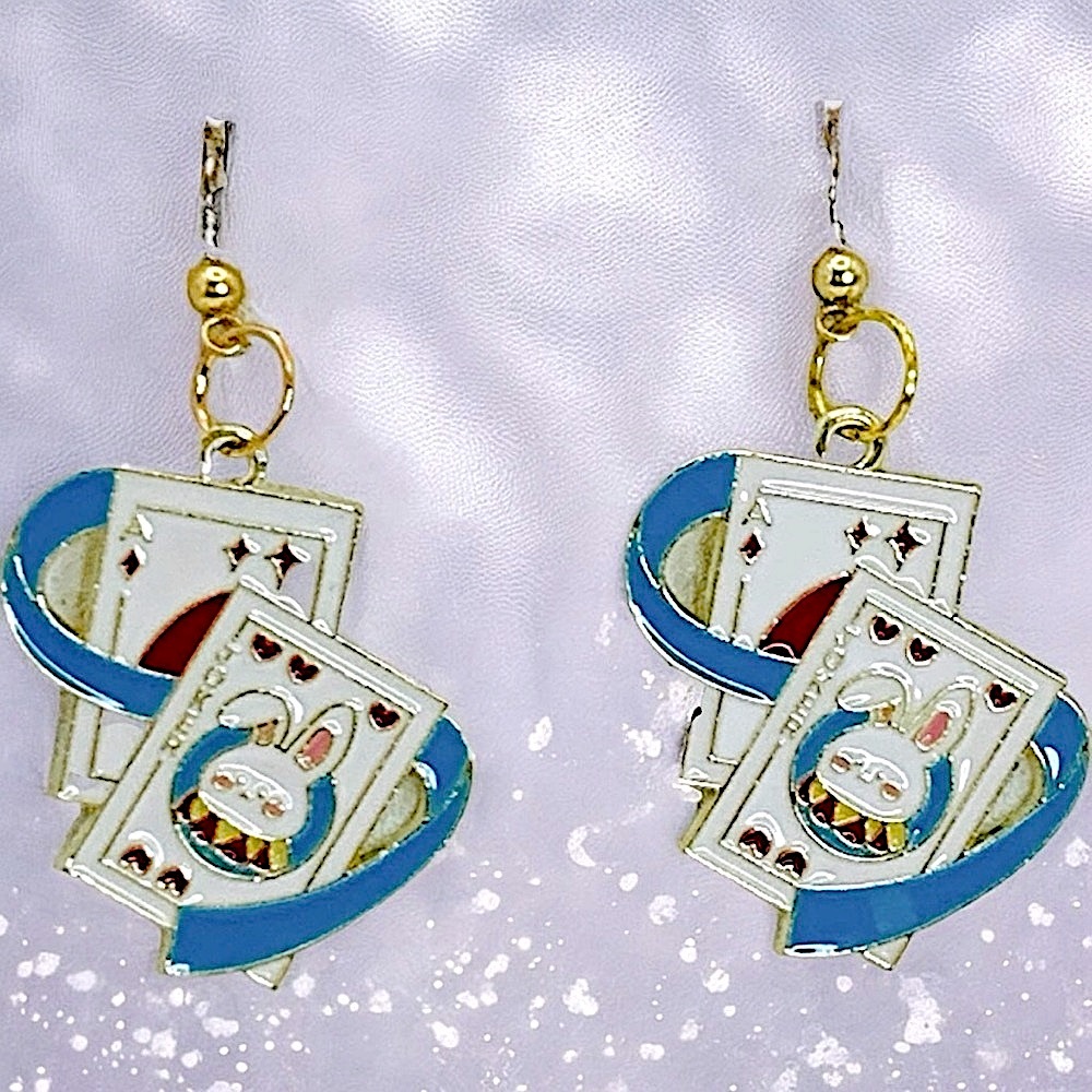Rabbit Playing Card Earrings & Blue Accents Alice in Wonderland theme - Picture 2 of 2